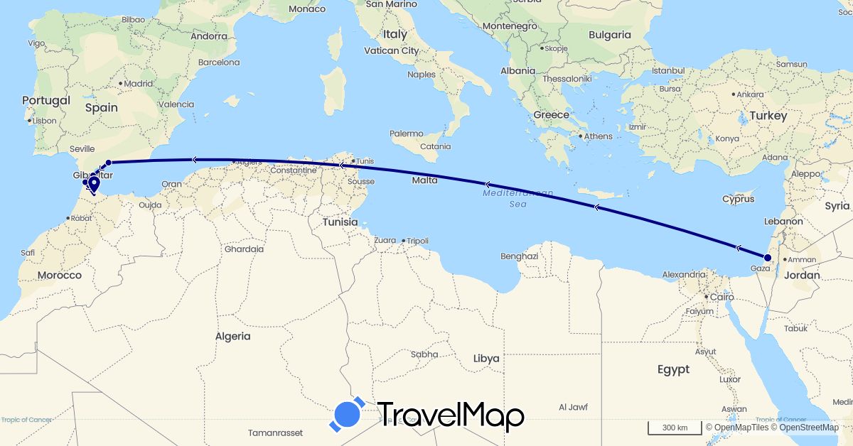 TravelMap itinerary: driving in Spain, Gibraltar, Israel, Morocco (Africa, Asia, Europe)